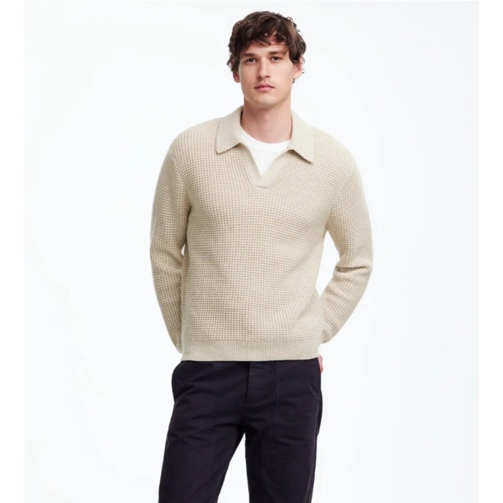 MADEWELL Johnny-Collar Sweater Polo Shirt in Waffle Knit Sand Small NEW NT334